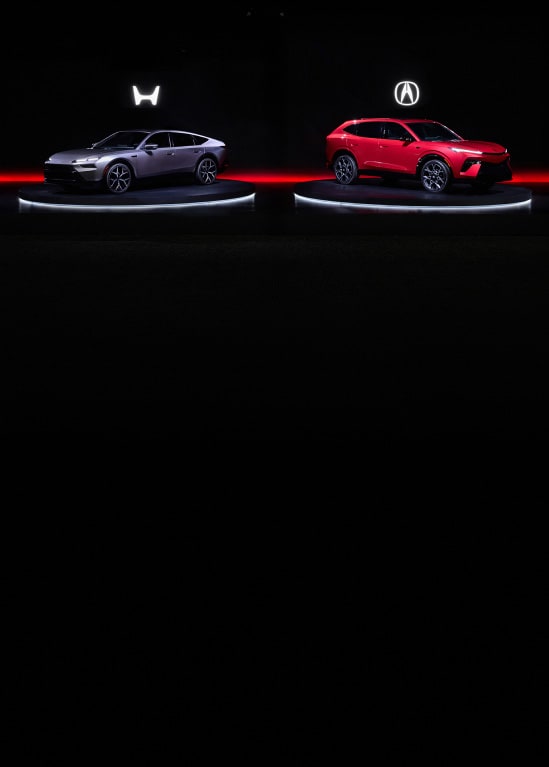 2026 Honda Hybrid Sedan Prototype and Acura Hybrid SUV Prototype shown in a three-quarter view.